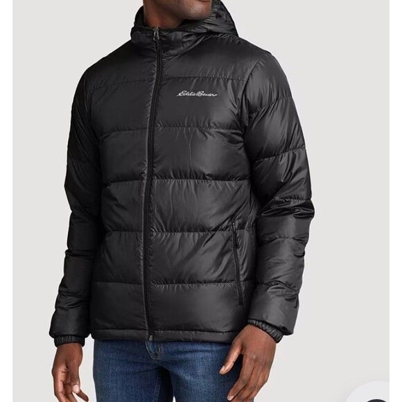 Eddie Bauer Men's Down Hooded Jacket Stratuslite Hoodie Black - Picture 1 of 4